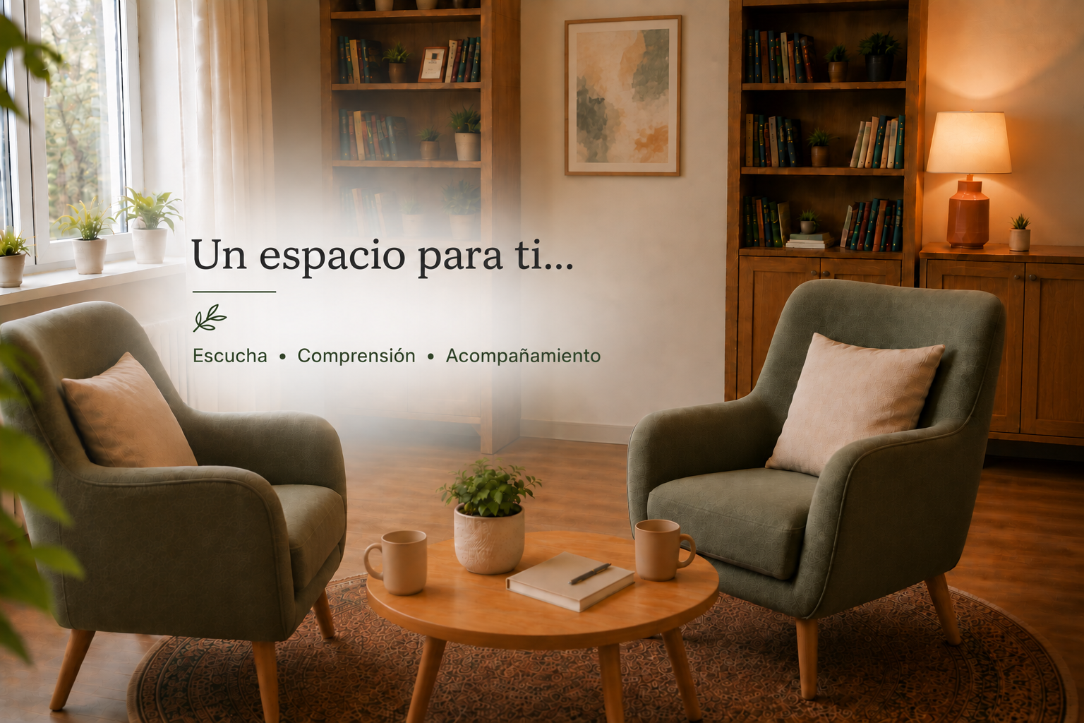 Consulta de psicoterapia con dos sillones verdes enfrentados y mesa de madera; al fondo, estanterías con libros y plantas, un cuadro abstracto y el lema «Un espacio para ti: escucha, comprensión, acompañamiento»