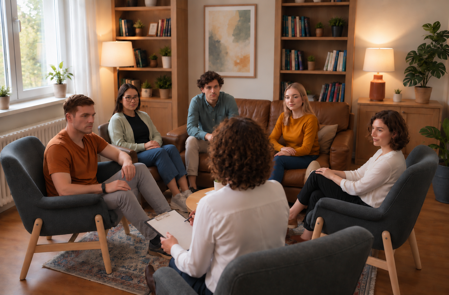Sesión de formación en grupo: varias personas conversan en un salón con estanterías y plantas
