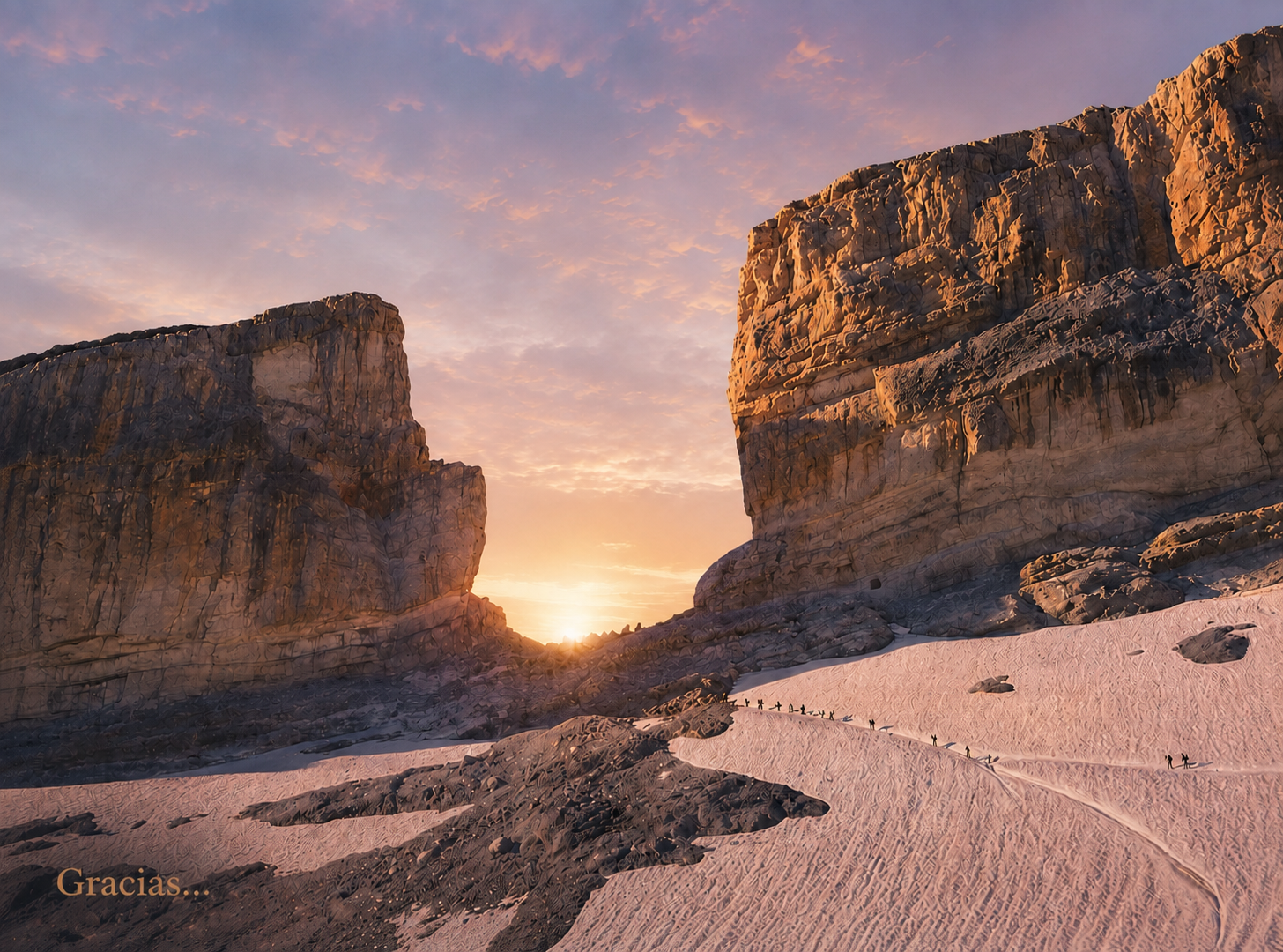 Paisaje de rocas y sendero al amanecer, como metáfora de un camino compartido o una despedida respetuosa